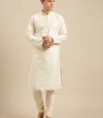 Sanwara Men's Cream Embroidered Jacquard Ethnic Kurta Set