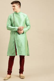 Sanwara Men's Green Solid Art Silk Ethnic Kurta Set