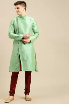 Sanwara Men's Green Solid Art Silk Ethnic Kurta Set
