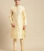 Sanwara Men's Beige Woven Jacquard Ethnic Kurta Set