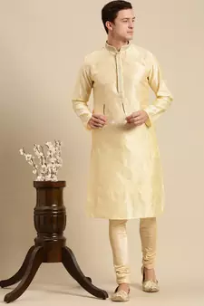 Sanwara Men's Beige Woven Jacquard Ethnic Kurta Set