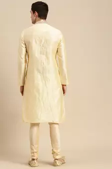 Sanwara Men's Beige Woven Jacquard Ethnic Kurta Set