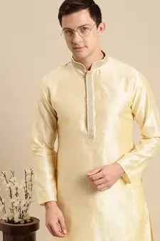 Sanwara Men's Beige Woven Jacquard Ethnic Kurta Set
