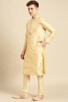 Sanwara Men's Beige Woven Jacquard Ethnic Kurta Set