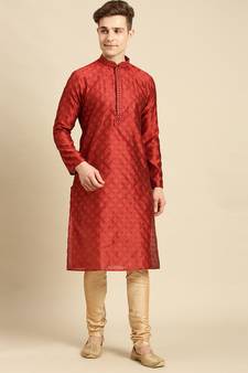 Sanwara Men's Red Woven Jacquard Ethnic Kurta Set