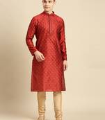 Sanwara Men's Red Woven Jacquard Ethnic Kurta Set
