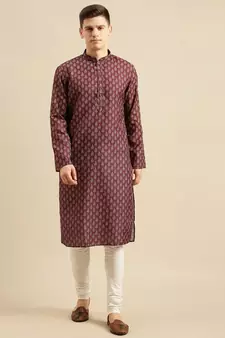 Sanwara Men'S Cotton Floral Printed Wine Color Kurta With Churidar Set