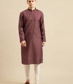 Sanwara Men'S Cotton Floral Printed Wine Color Kurta With Churidar Set