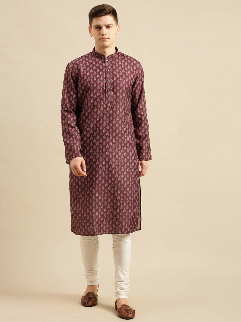 Sanwara Men'S Cotton Floral Printed Wine Color Kurta With Churidar Set