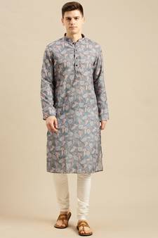Sanwara Men'S Cotton Floral Printed Grey Color Kurta With Churidar Set