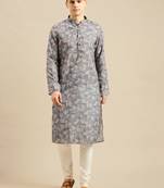 Sanwara Men'S Cotton Floral Printed Grey Color Kurta With Churidar Set