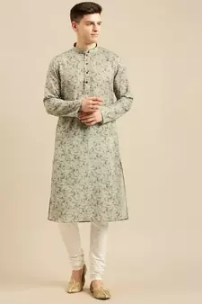 Sanwara Men'S Cotton Floral Printed Green Color Kurta With Churidar Set