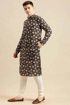 Sanwara Men'S Cotton Floral Printed Deep Navy Color Kurta With Churidar Set