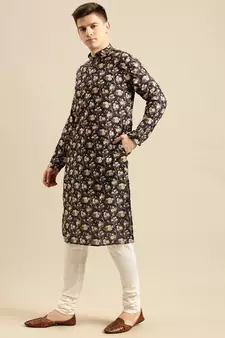 Sanwara Men'S Cotton Floral Printed Deep Navy Color Kurta With Churidar Set