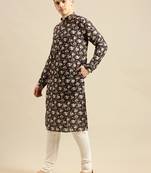 Sanwara Men'S Cotton Floral Printed Deep Navy Color Kurta With Churidar Set