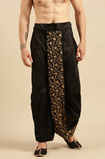 Sanwara Men's Traditional Black Coloured Embroidered Art Silk Dhoti