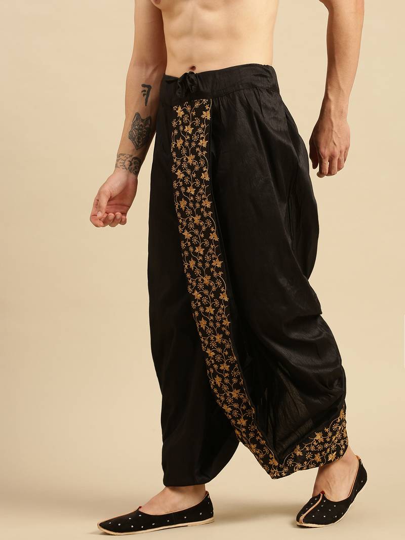 Sanwara Men's Traditional Black Coloured Embroidered Art Silk Dhoti