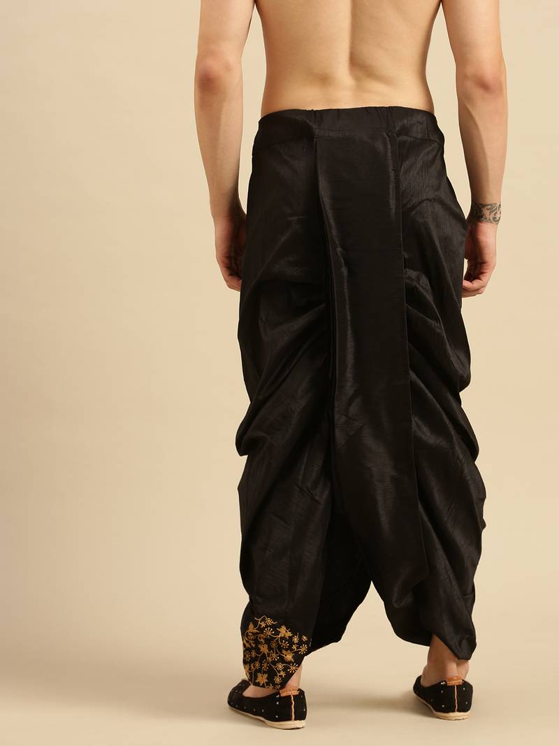 Sanwara Men's Traditional Black Coloured Embroidered Art Silk Dhoti