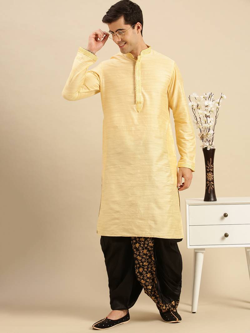 Sanwara Men's Traditional Black Coloured Embroidered Art Silk Dhoti