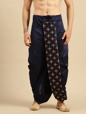 men's traditional blue coloured embroidered art silk dhoti 1