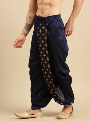 men's traditional blue coloured embroidered art silk dhoti 2