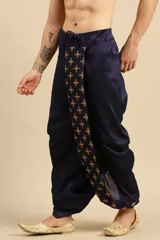men's traditional blue coloured embroidered art silk dhoti