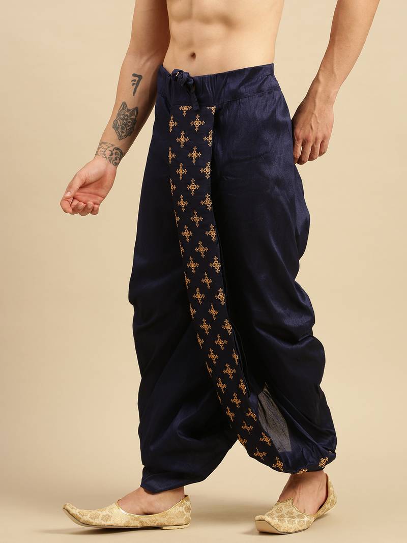 men's traditional blue coloured embroidered art silk dhoti