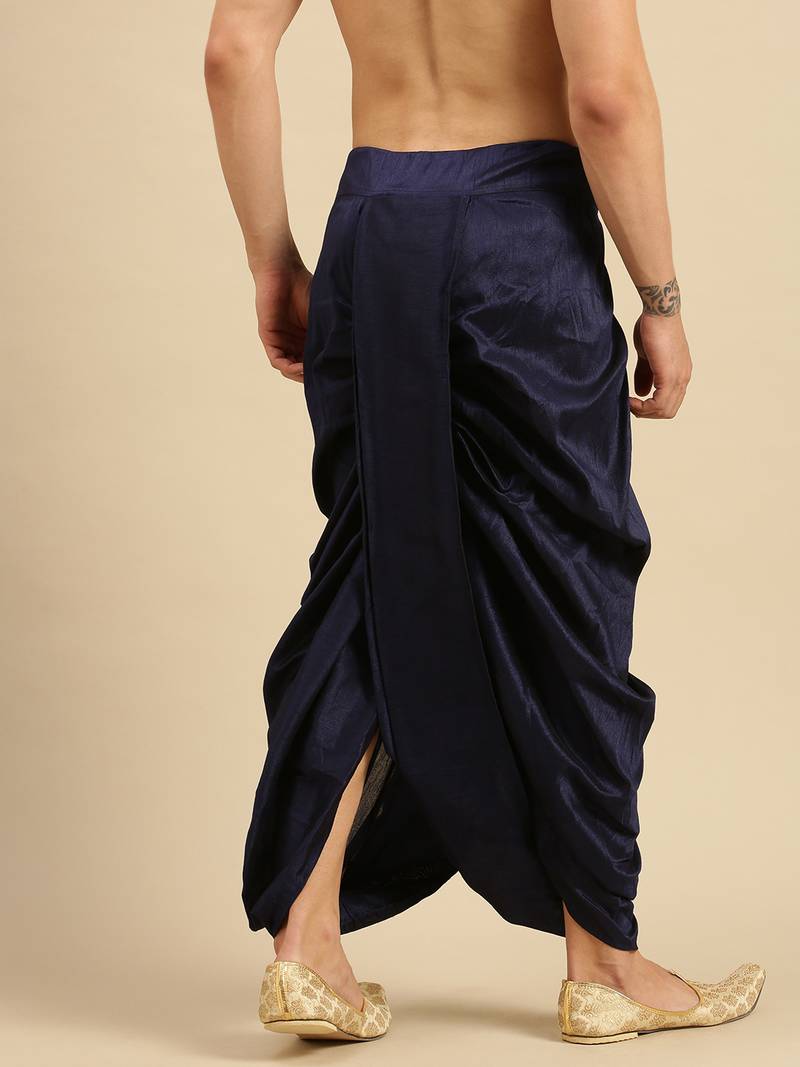 men's traditional blue coloured embroidered art silk dhoti