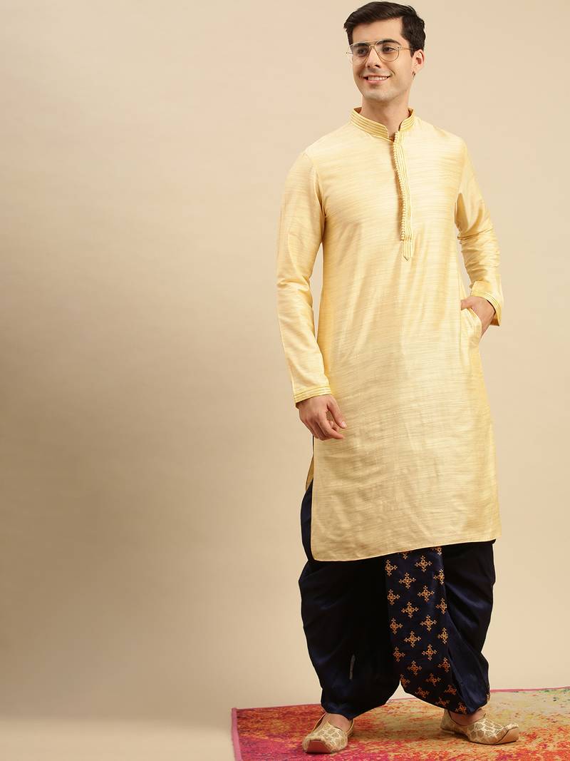 men's traditional blue coloured embroidered art silk dhoti