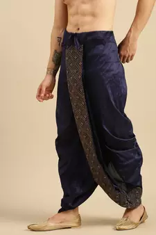 Sanwara Men's Traditional Blue Coloured Embroidered Art Silk Dhoti