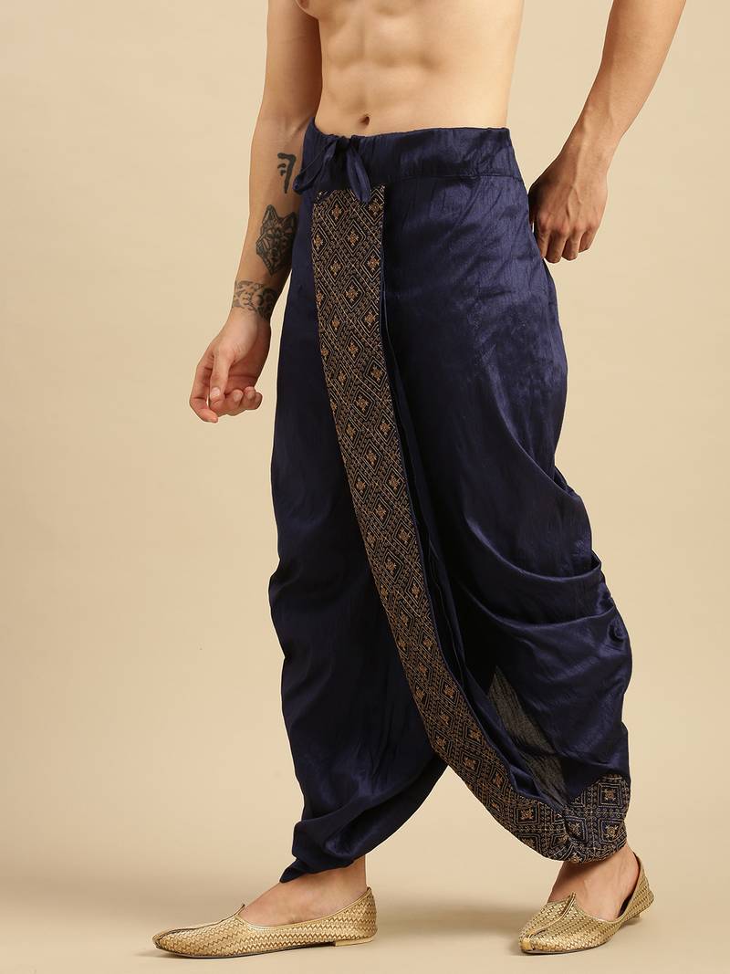 Sanwara Men's Traditional Blue Coloured Embroidered Art Silk Dhoti