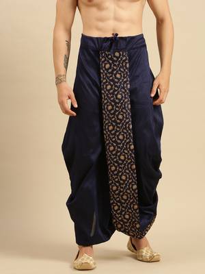 Navy Blue Art Silk Readymade Dhoti with Golden Embroidery 1