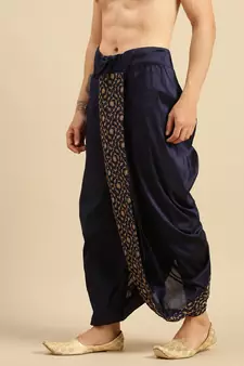 Navy Blue Art Silk Readymade Dhoti with Golden Embroidery
