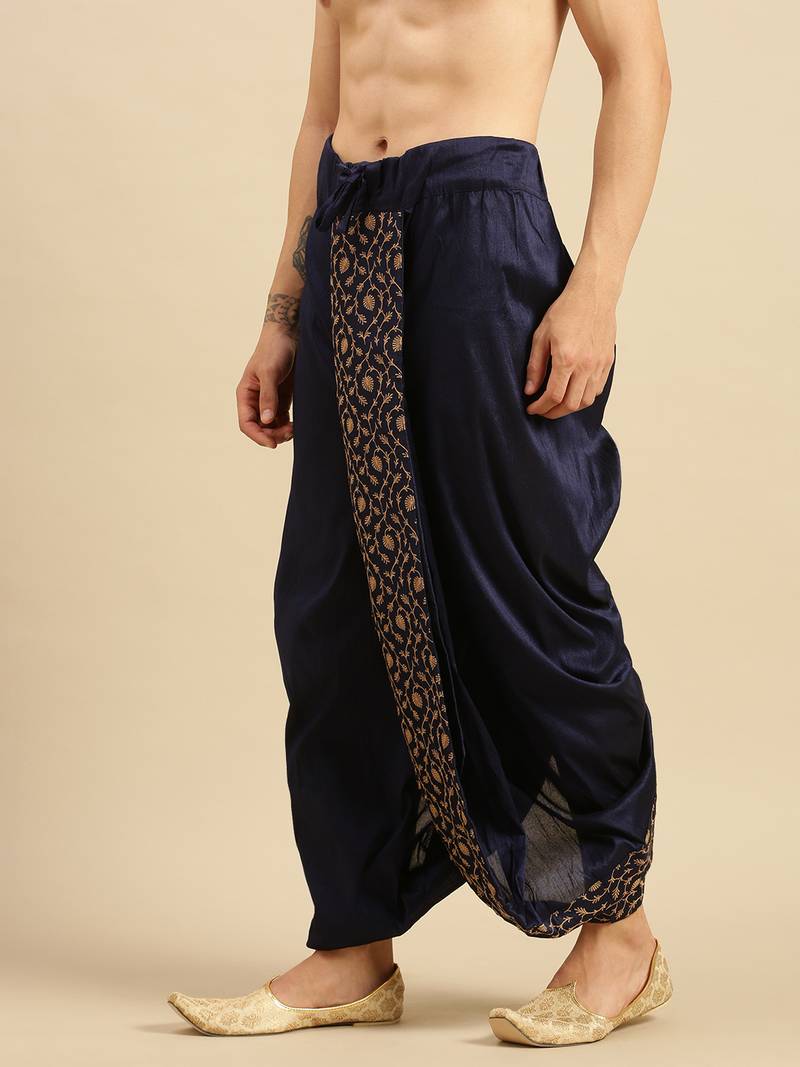 Navy Blue Art Silk Readymade Dhoti with Golden Embroidery