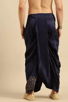 Navy Blue Art Silk Readymade Dhoti with Golden Embroidery