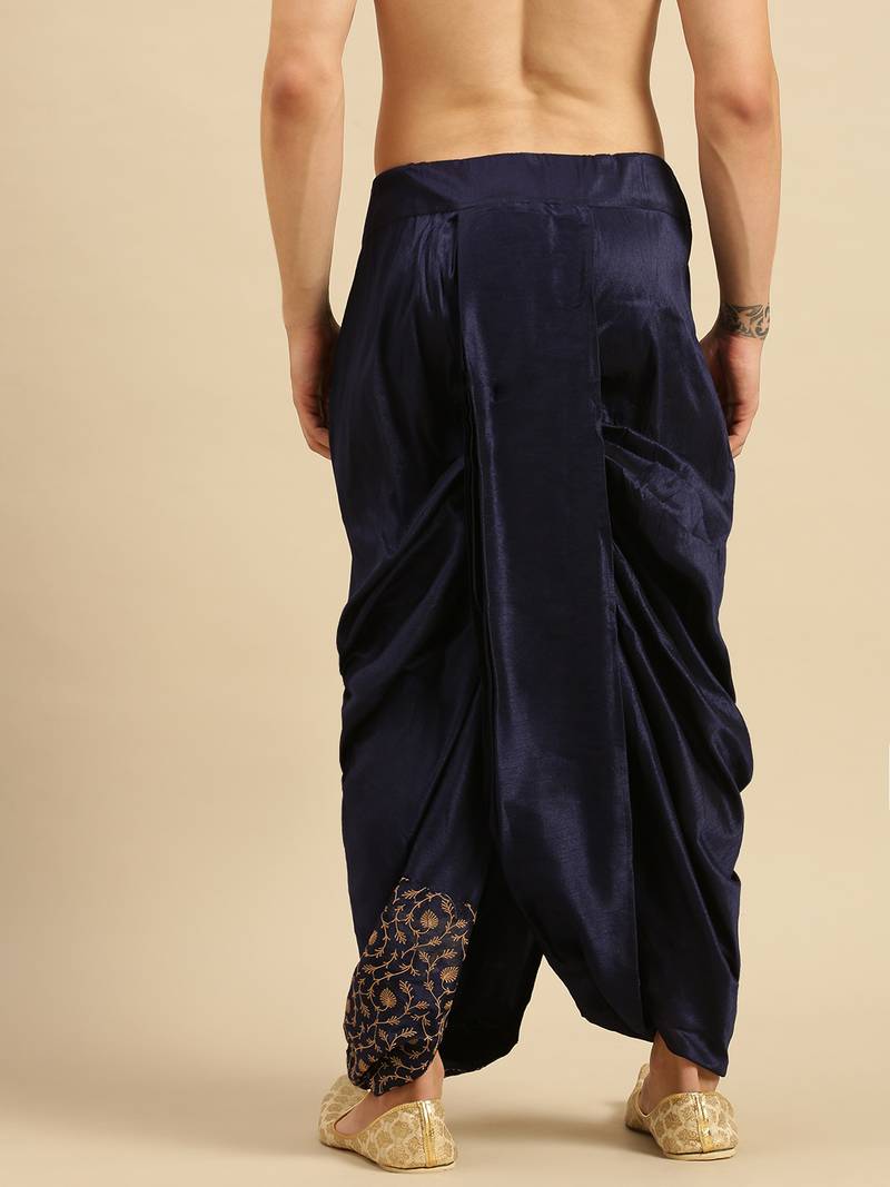 Navy Blue Art Silk Readymade Dhoti with Golden Embroidery