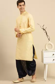 Navy Blue Art Silk Readymade Dhoti with Golden Embroidery