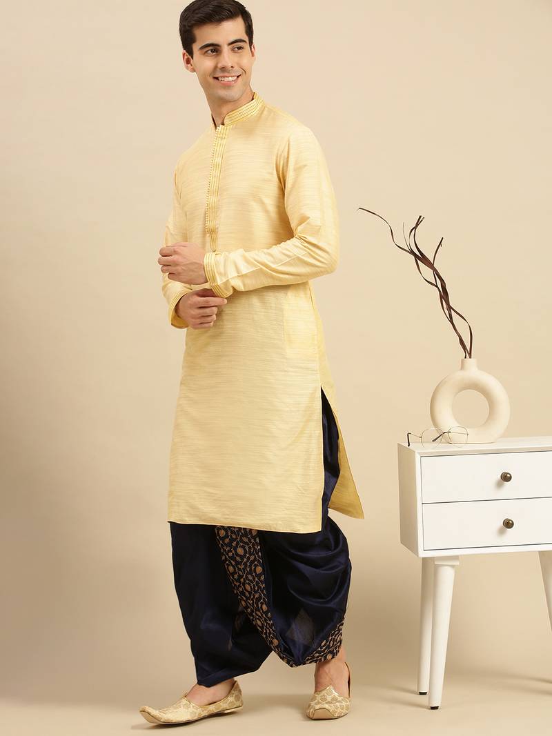 Navy Blue Art Silk Readymade Dhoti with Golden Embroidery