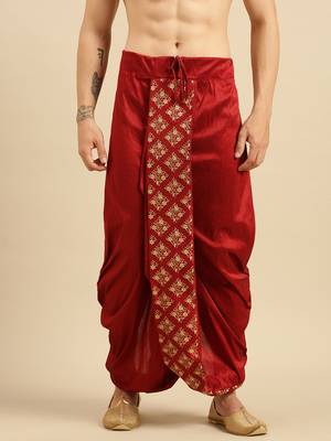 Sanwara Men's Traditional Red Coloured Embroidered Art Silk Dhoti 1