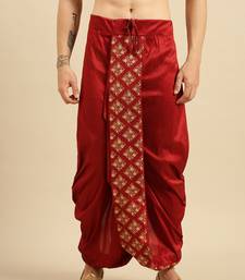 Sanwara Men's Traditional Red Coloured Embroidered Art Silk Dhoti