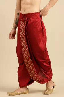 Sanwara Men's Traditional Red Coloured Embroidered Art Silk Dhoti