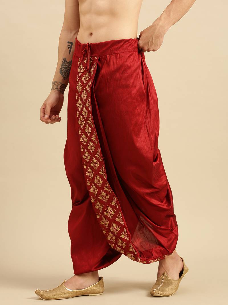 Sanwara Men's Traditional Red Coloured Embroidered Art Silk Dhoti