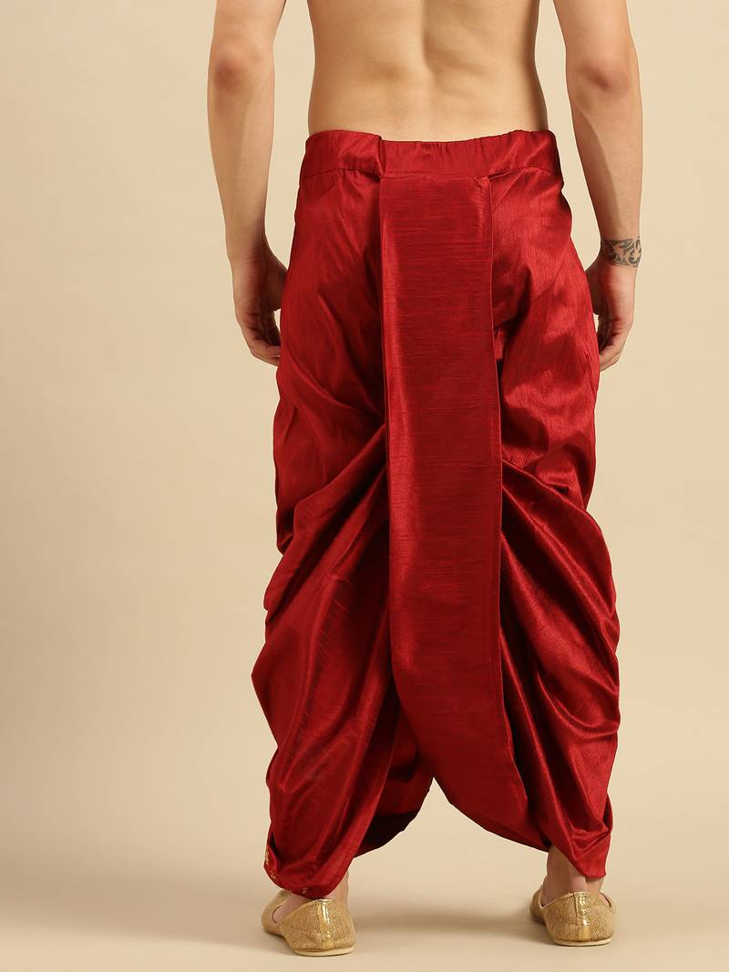 Sanwara Men's Traditional Red Coloured Embroidered Art Silk Dhoti