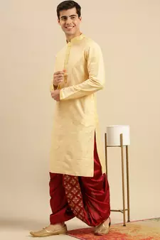 Sanwara Men's Traditional Red Coloured Embroidered Art Silk Dhoti