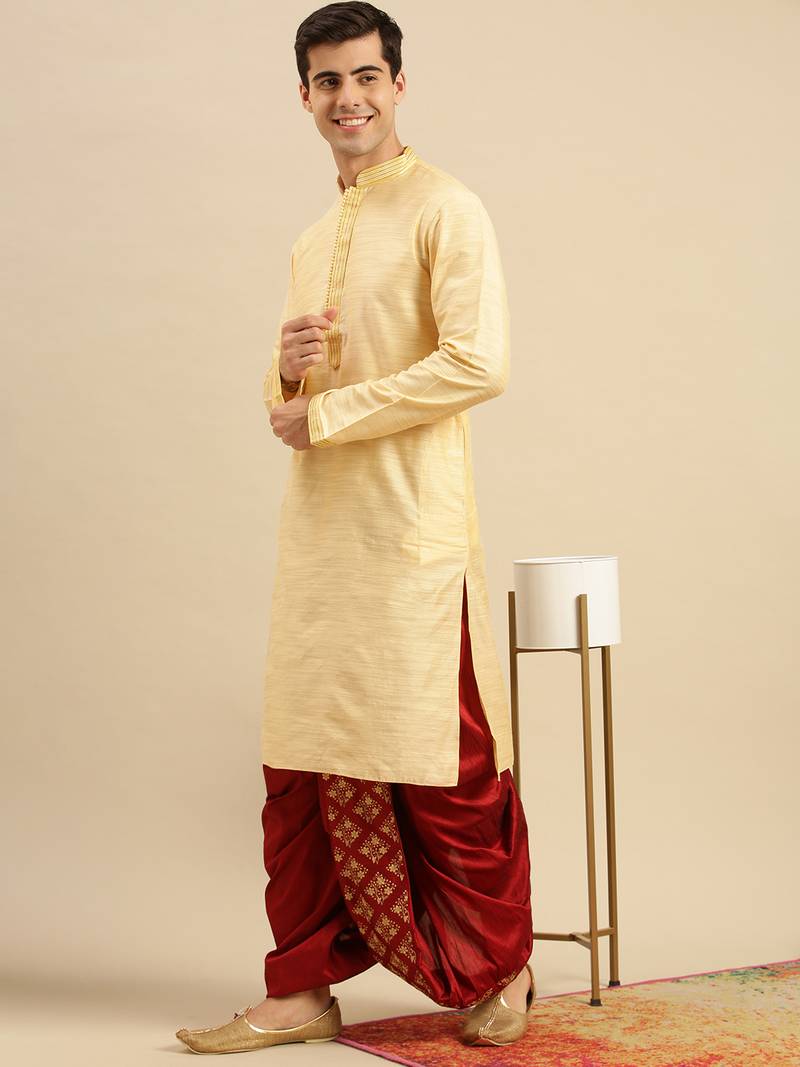 Sanwara Men's Traditional Red Coloured Embroidered Art Silk Dhoti