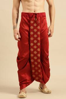 Sanwara Men's Traditional Red Coloured Embroidered Art Silk Dhoti