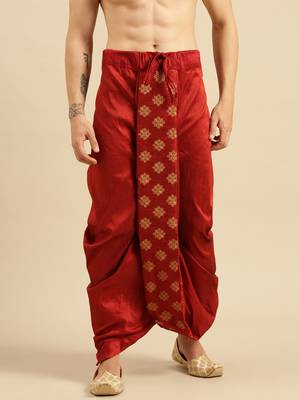 men's traditional red coloured embroidered art silk dhoti 1