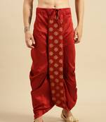 men's traditional red coloured embroidered art silk dhoti