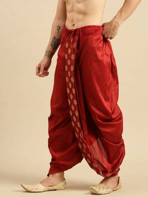 men's traditional red coloured embroidered art silk dhoti 2