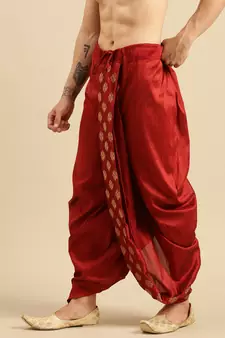 men's traditional red coloured embroidered art silk dhoti